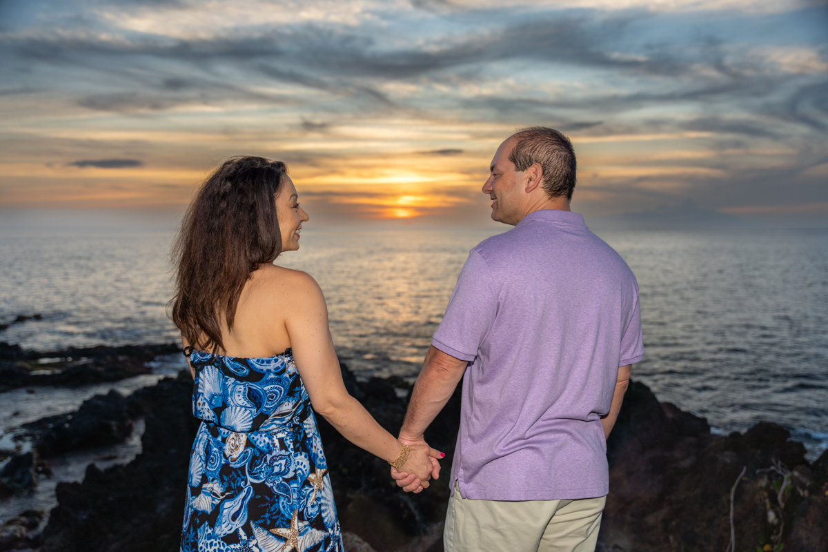 Husband wife sunset flash photo wailea beach resort