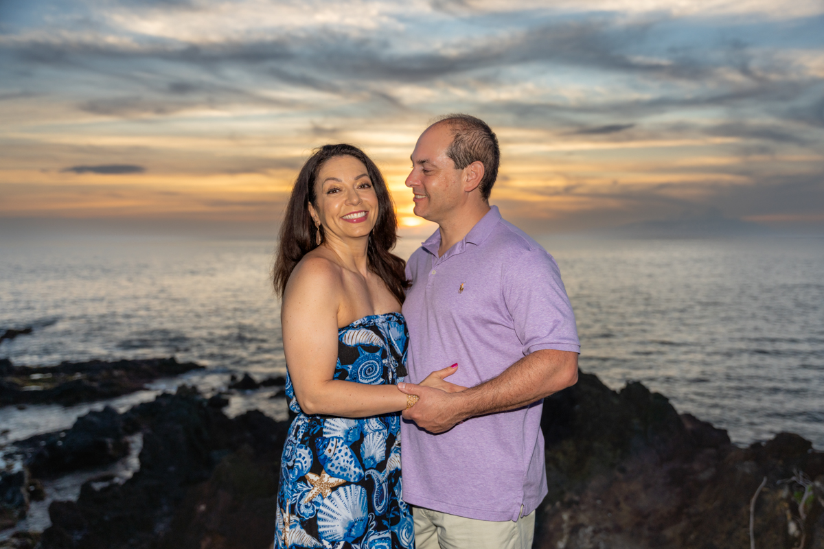 Husband wife sunset flash photo wailea beach resort