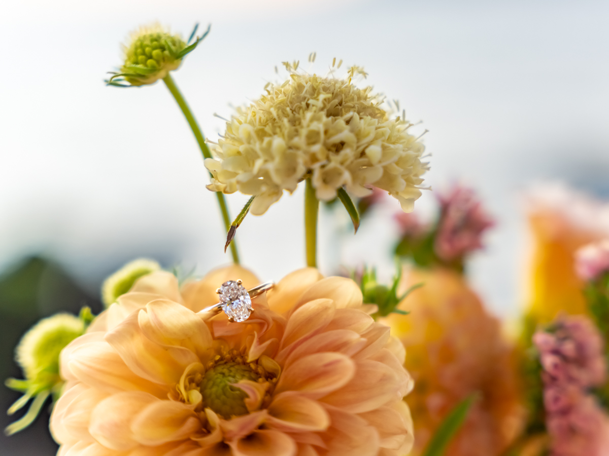 Engagement ring close up detail flowers