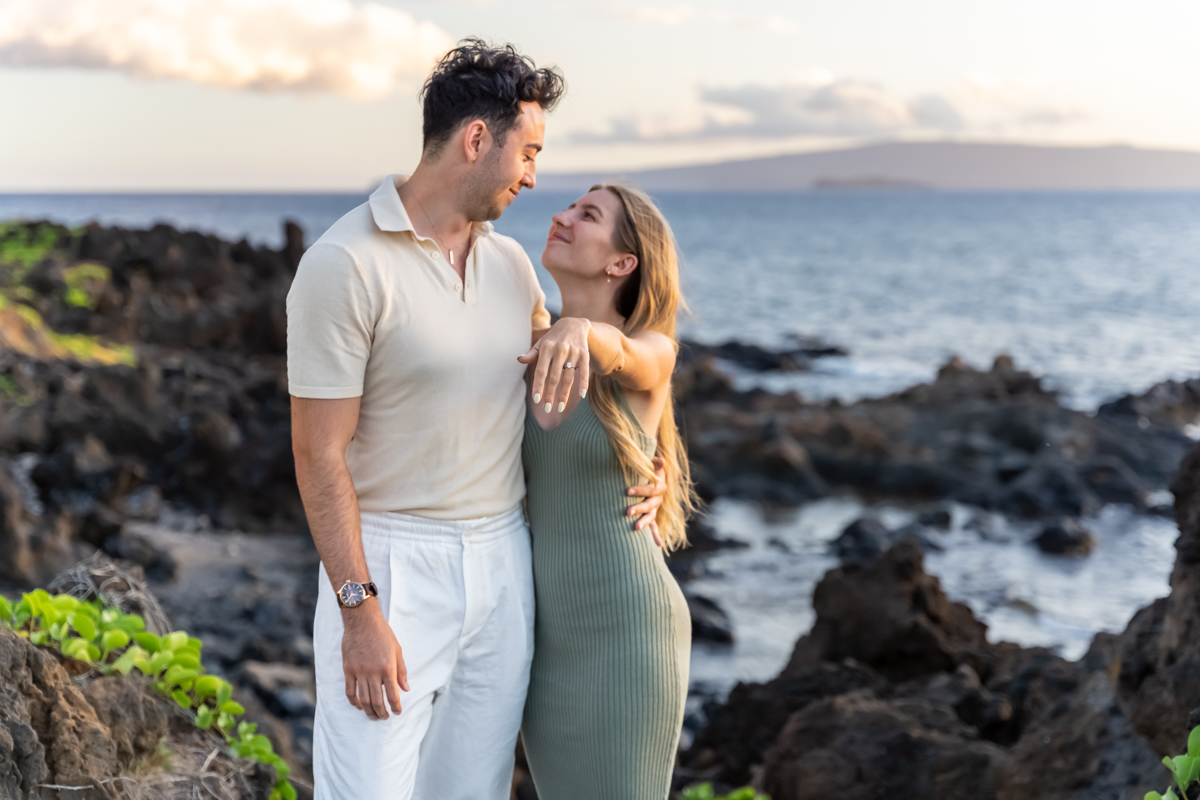 Couple natural light portrait sunset engagement proposal Maui