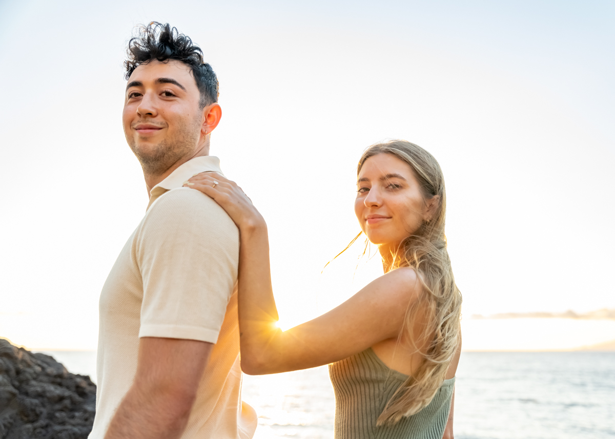 Sunburst sunset couple photo engaged proposal